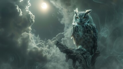 An owl perched on a tree branch under the moonlit sky in the dark atmosphere