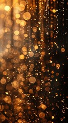 Closeup of abstract background of gold liquid in dark room with glowing garland in dark room at night 