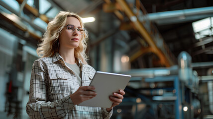 A woman wearing glasses and holding a tablet in a factory. She is looking at the tablet and she is focused on the information displayed