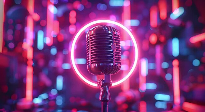 Close-up of a microphone with a neon halo, floating in a 3D-rendered, abstract digital landscape