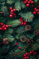 Christmas tree banches and red berries background 
