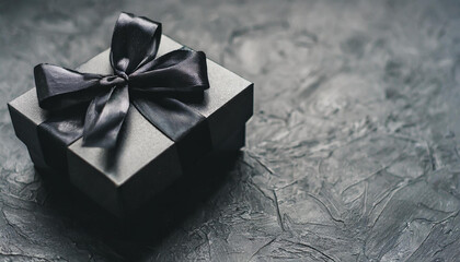 Black gift box on a dark contrasted background, creating a romantic atmosphere. Typically used for birthday, anniversary presents, gift cards, post cards. - obrazy, fototapety, plakaty