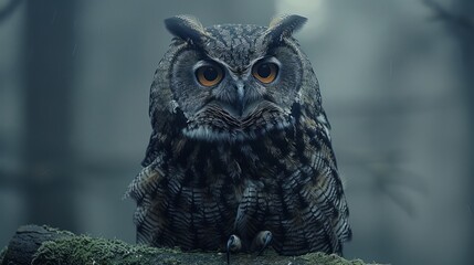 Owl perched on branch, staring at camera in darkness