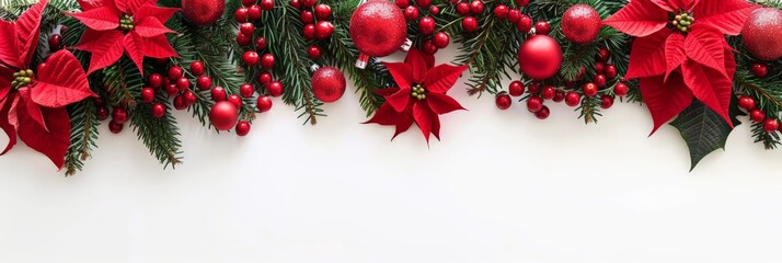 Christmas decoration with flowers of red poinsettia branch Christmas tree ball red berry on a white background with space for text 