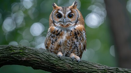 An owl perched on a tree branch, gazing at the camera in nature