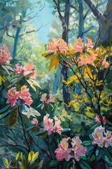 In the garden, an abstract oil painting depicts blooming flowers during spring, with the rough canvas texture resembling strokes from a palette knife.
