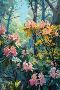 In the garden, an abstract oil painting depicts blooming flowers during spring, with the rough canvas texture resembling strokes from a palette knife.
