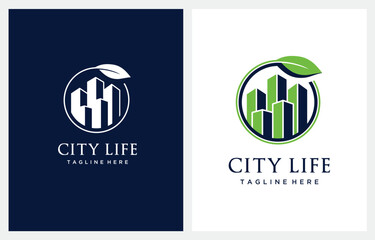 Green City Building logo design. Symbol icon of residential, apartment and city landscape.