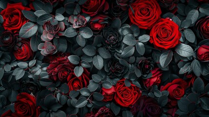 Background with red roses and black leaves