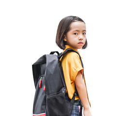 Asian little girl with big backpack Isolated on transparent background. Back to School concept.