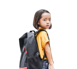 Asian little girl with big backpack Isolated on transparent background. Back to School concept.