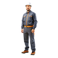 the builder in a construction vest and orange helmet standing
