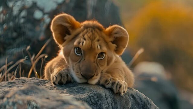 Lion cub resting on a rock. 4k video animation