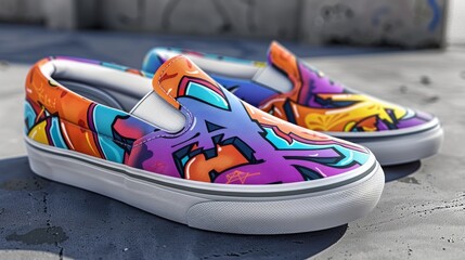 Blank mockup of a pair of slipon sneakers with a bold graffiti design and metallic accents