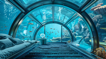 A futuristic luxury underwater hotel room with a transparent dom