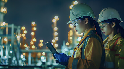 Two women wearing hard hats and safety glasses are looking at a tablet. They are likely workers at a refinery or other industrial facility