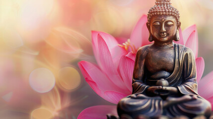 Buddha statue meditating on serene lotus pond background