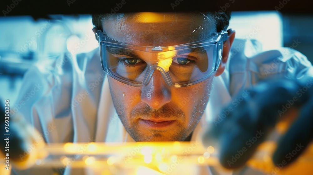 Poster a scientist wearing safety goggles and gloves conducting experiments in a lab to improve the efficie