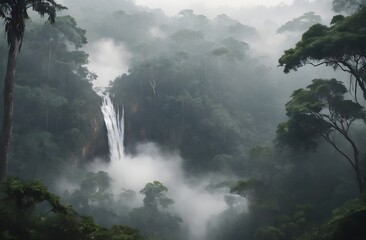 photograph of a realistic jungle fog. waterfall in the middle. Misty pine tree forest, cinematic scene view