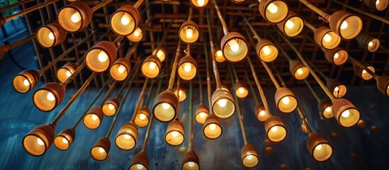 Bamboo ceiling lamps with bright bulbs on a dark backdrop
