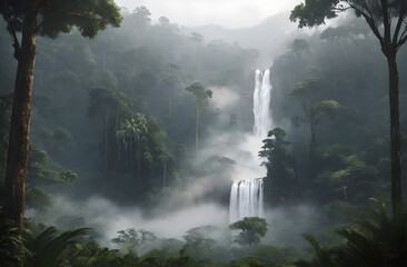 photograph of a realistic jungle fog. waterfall in the middle. Misty pine tree forest, cinematic scene view