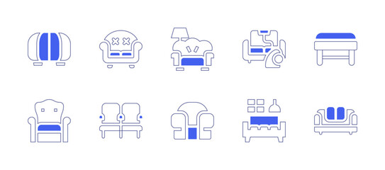 Sofa icon set. Duotone style line stroke and bold. Vector illustration. Containing sofa, living room, couch, armchair, bench, tuffet.