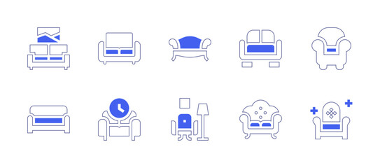Sofa icon set. Duotone style line stroke and bold. Vector illustration. Containing sofa, armchair, couch.