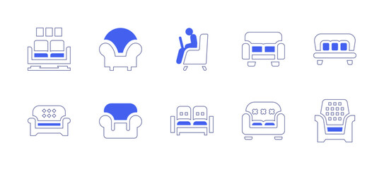 Sofa icon set. Duotone style line stroke and bold. Vector illustration. Containing couch, sofa, armchair, living room.