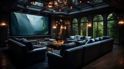A luxurious home theater with plush reclining chairs, a large projection screen, state-of-the-art audio equipment, and ambient lighting for the perfect movie-watching experience.