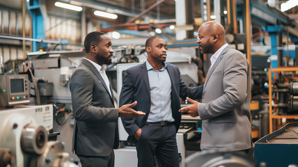 Three men in suits are standing in a factory, talking to each other. Scene is professional and serious, as the men are discussing important matters