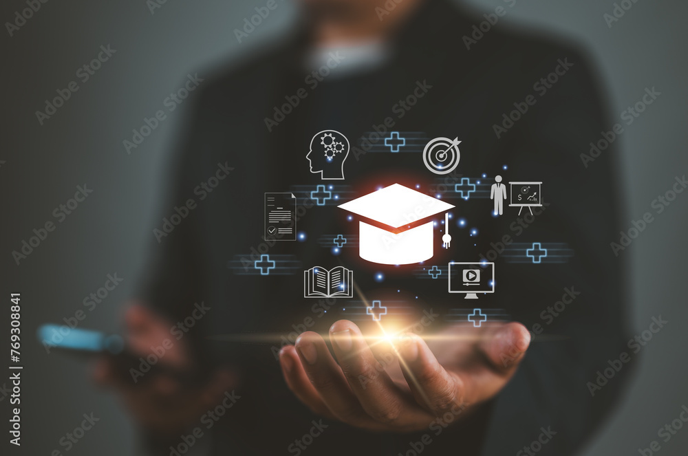 Poster E-learning graduate certificate program concept. Man showing education icon, technology Internet education course degree, study knowledge to creative thinking idea and problem-solving solution.