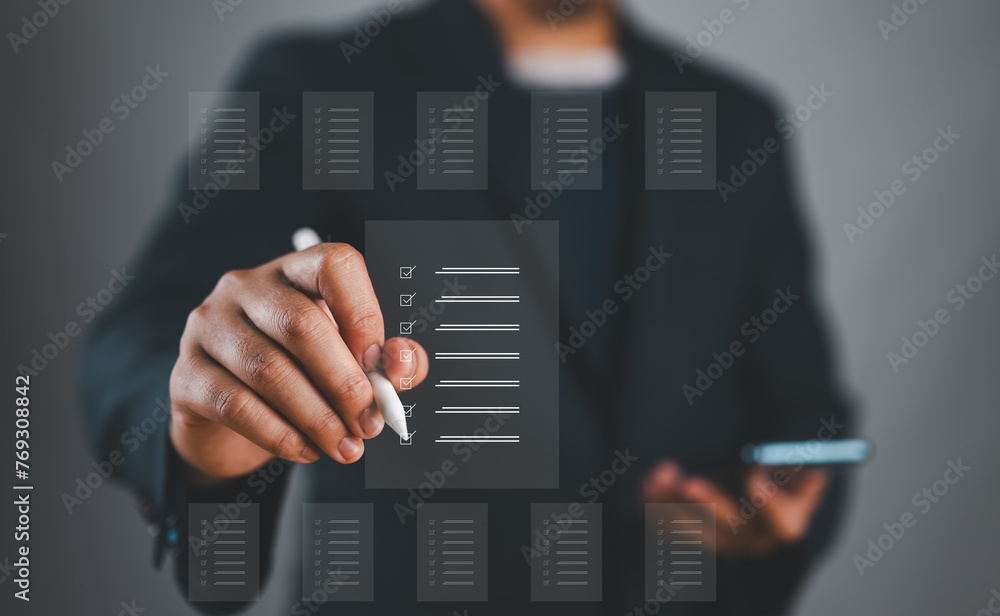 Poster Document management system, DMS. Assessment form, questionnaire, checklist and clipboard task management. Businessman working with smartphone productivity checklist and filling survey form online.