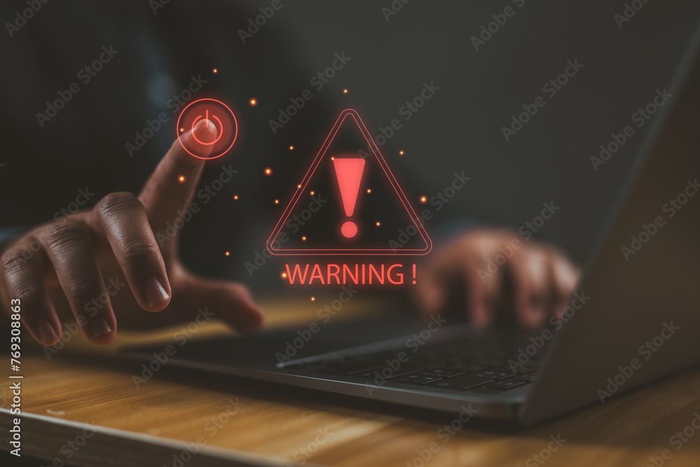 Poster System warning hacked alert, cyberattack on computer network. Programmer, Businessman staff, developer using technology with triangle caution warning sign notification error and maintenance concept.