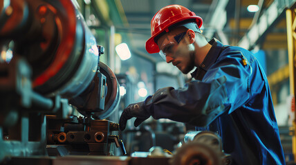 A man in a red helmet and safety glasses is working on a machine
