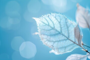 Delicate Skeletal Leaf on Soft Blue with Bokeh Backdrop - Natural Beauty and Purity Revealed