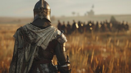 A lone knight stands with back to the camera gazing out at the vast field in front of them. Despite being surrounded by other . . - obrazy, fototapety, plakaty