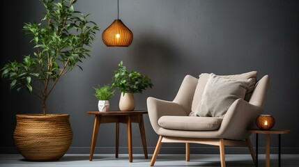 A minimalist armchair with a neutral-colored pillow, a sleek standing lamp, a small plant in a minimalist pot, a leather ottoman, and a round carpet with a subtle pattern on the floor. - obrazy, fototapety, plakaty