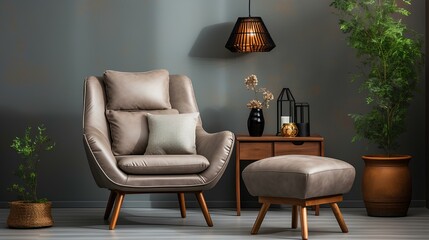 A mid-century modern armchair with a patterned pillow, a sleek floor lamp, a small plant in a ceramic pot, a leather ottoman, and a round carpet with a geometric design on the floor.