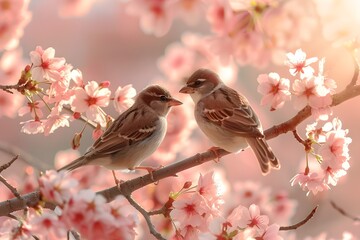 Vibrant Springtime Blooms and Delicate Birds Adorning a Serene Natural Landscape