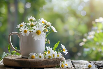 Tranquil Spring Floral Composition with Daisies in Rustic Wooden Mug on Nature Panoramic Background