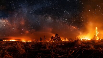 The striking contrast between the blazing fire and the dark starry sky serves as a reminder of how quickly natural landscapes can be destroyed. The flames seem to consume - obrazy, fototapety, plakaty
