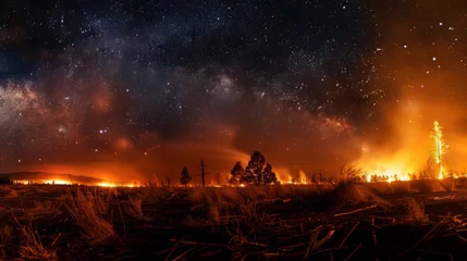 Schilderijen op glas The striking contrast between the blazing fire and the dark starry sky serves as a reminder of how quickly natural landscapes can be destroyed. The flames seem to consume © Justlight