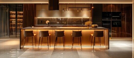 Luxurious kitchen with bar stools on a central island, empty space