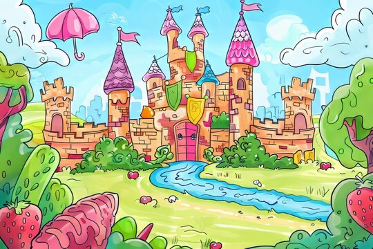 Cartoon cute doodles of a candy castle guarded by gummy bear knights and surrounded by a moat of fruit punch, Generative AI