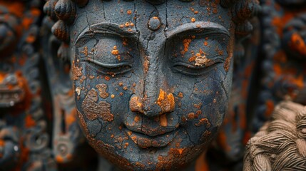 A closeup of a weathered stone Buddha statue gazes out from within a dilapidated temple its once...