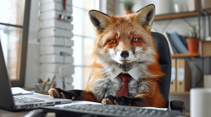 Cunning fox in business attire pretends to work in office setting with copy space for text placement