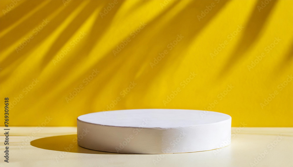 Poster white podium shelf or empty pedestal display on vivid yellow summer background with minimal style. b