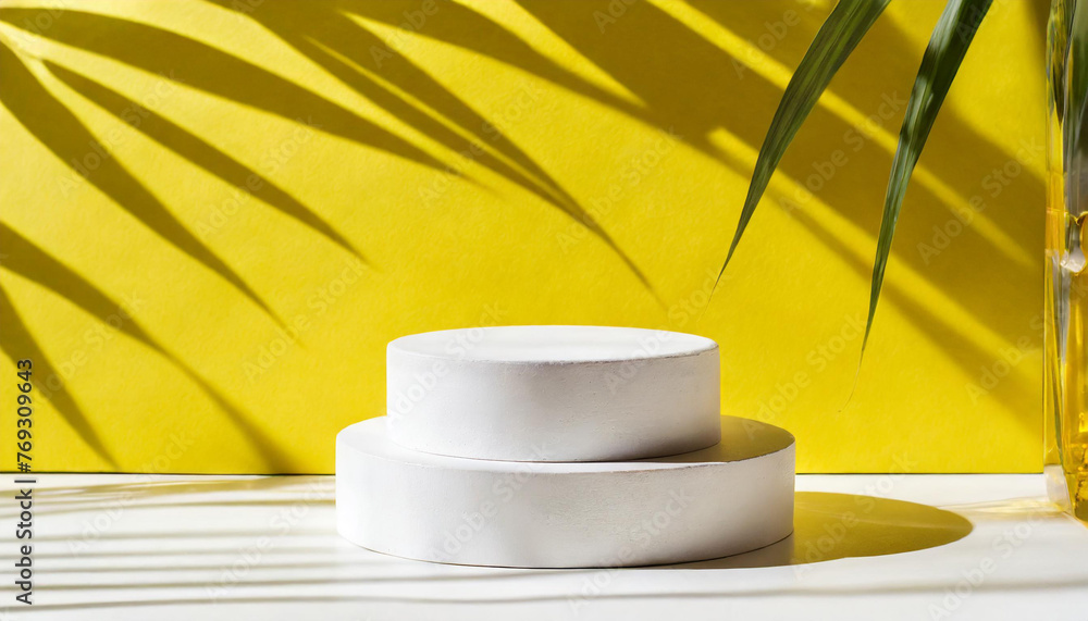 Poster white podium shelf or empty pedestal display on vivid yellow summer background with minimal style. b