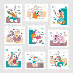 Colorful post mark design set with cute bunny