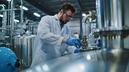 A man in a lab coat is working on a machine. He is wearing gloves and a lab coat